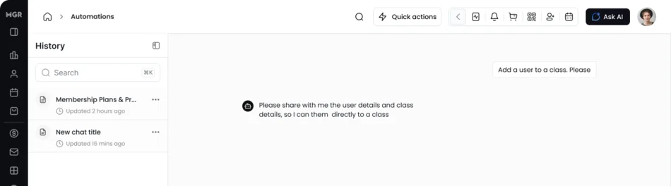 The assistant open inside the product, with a searchable conversation history beside it, asking for the details it needs before performing a write