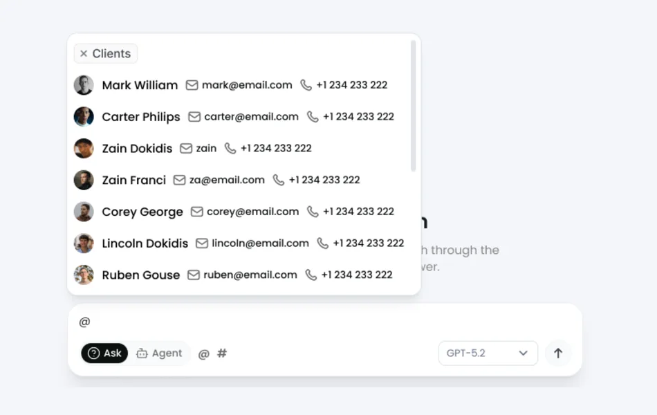 The @-mention picker listing client records to tag, above the composer with its mode toggle and model selector