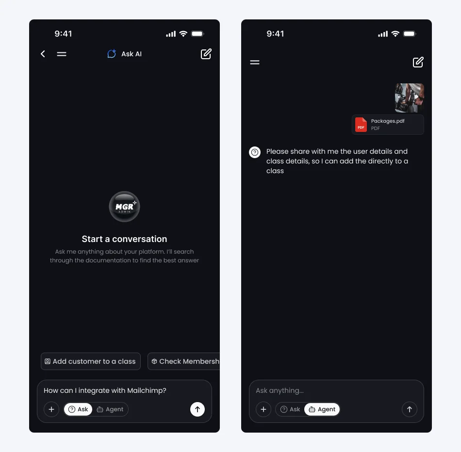 The assistant on mobile in dark mode: the empty state with mode toggle and suggested actions, and a conversation with an image and a PDF attached