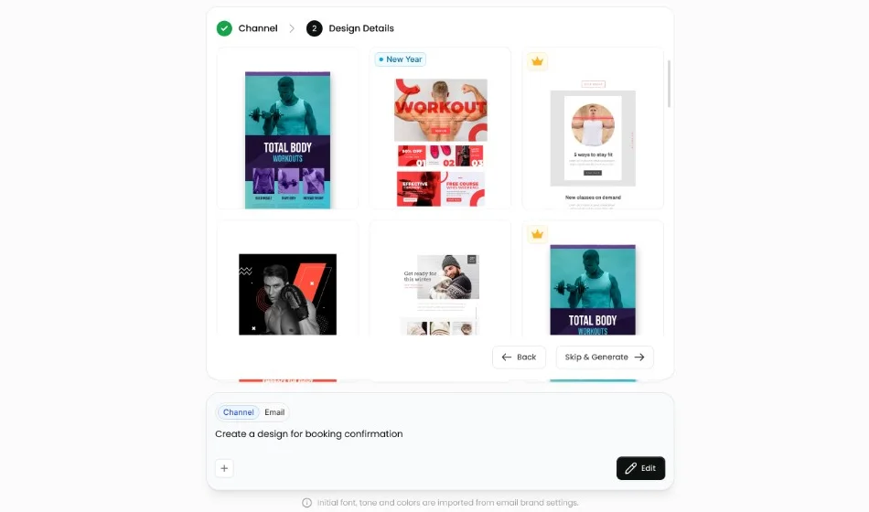 The four-step AI template wizard, showing the curated layout library at the design details step