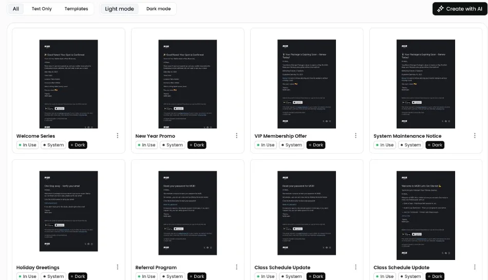 The template library in dark mode, every notification carrying the same generated layout