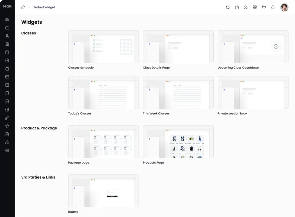The component catalogue, grouped into Classes, Product and Package, and third-party links, each entry previewing what it renders