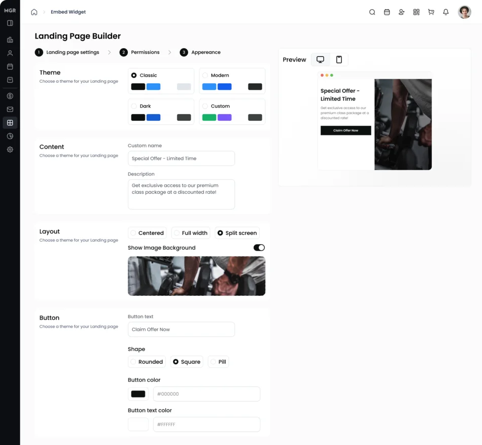 The offer page builder: named theme and layout choices, content fields, button shape and colour pickers, and a live preview with desktop and mobile toggles