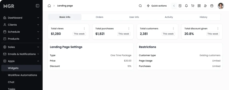 An offer page detail view showing views, purchases, customers and discount given, alongside its product, price, discount and eligibility restrictions