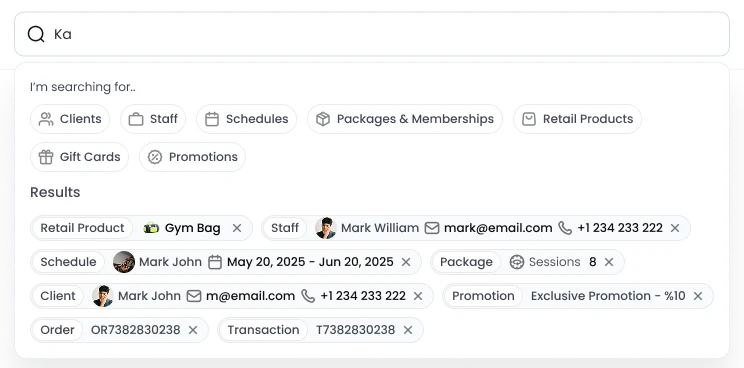 Search results where each row carries different fields depending on its entity type: staff with email and phone, a schedule with a date range, a package with a session count, orders and transactions with ids only