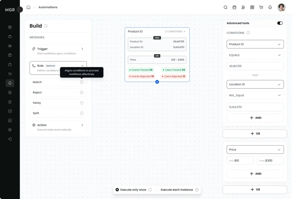 The workflow condition builder, showing field, operator and value dropdowns with AND and OR composition, beside the rule vocabulary of Match, Reject, Delay and Split