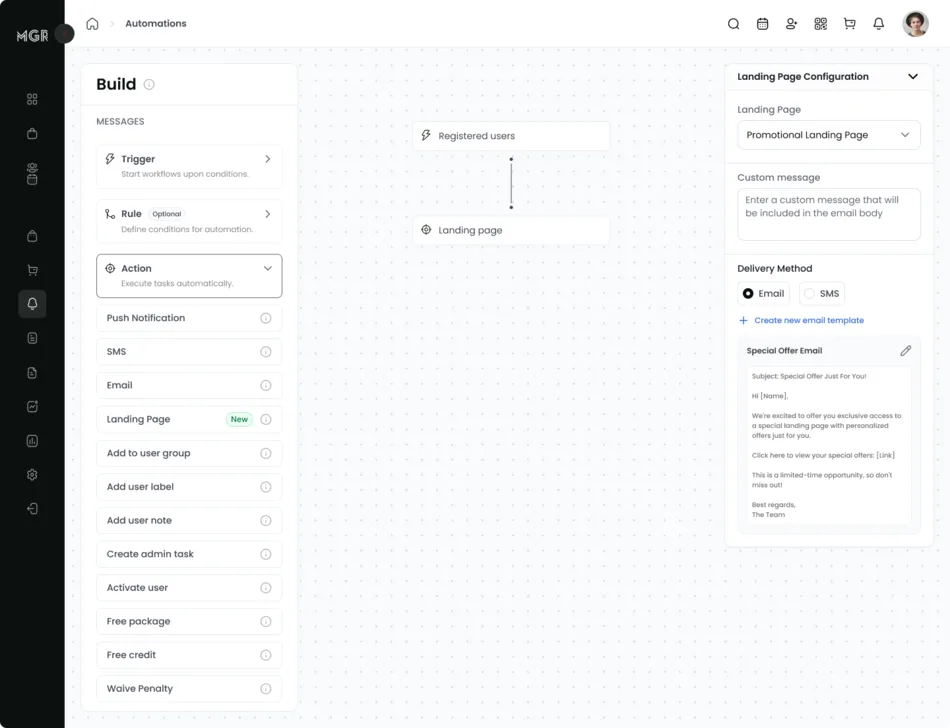 The workflow action picker beside a landing page action being configured with a delivery method and a bound email template